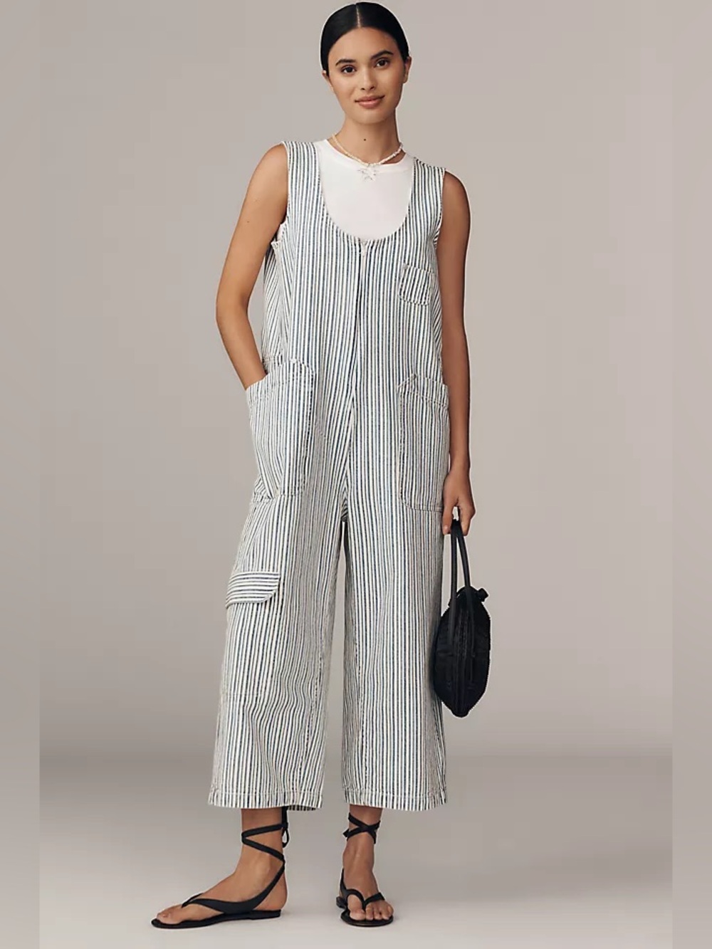 Anthropologie Pilcro Zip Up Utility Jumpsuit Striped Railroad Blue Small